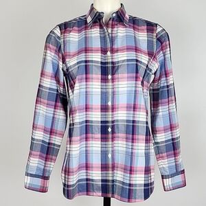 CHAPS  Women's No Iron Button Down Pink Blue Plaid Shirt 100% Cotton Sz M